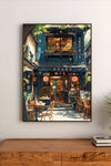 Portrait poster depicting a Japanese street cafe with warm interior lighting, wooden tables, and hanging lanterns against a deep blue facade