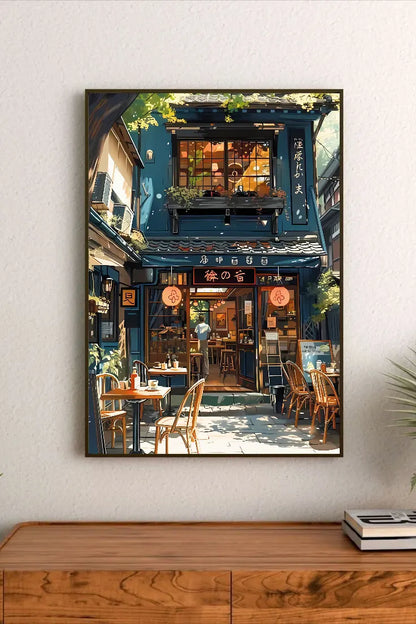 Portrait poster depicting a Japanese street cafe with warm interior lighting, wooden tables, and hanging lanterns against a deep blue facade