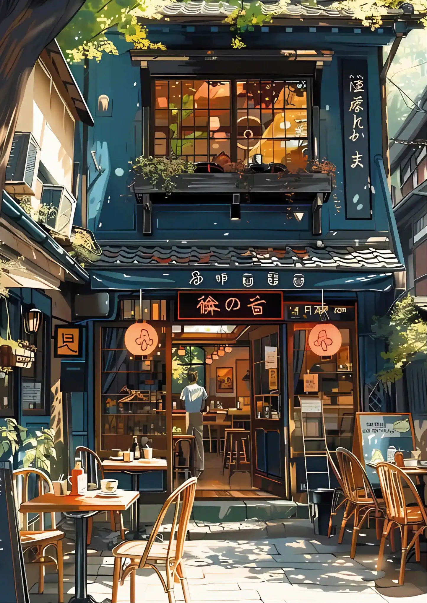 Portrait poster featuring a Japanese-style café with warm interior lighting and red lanterns, rendered in illustrative style