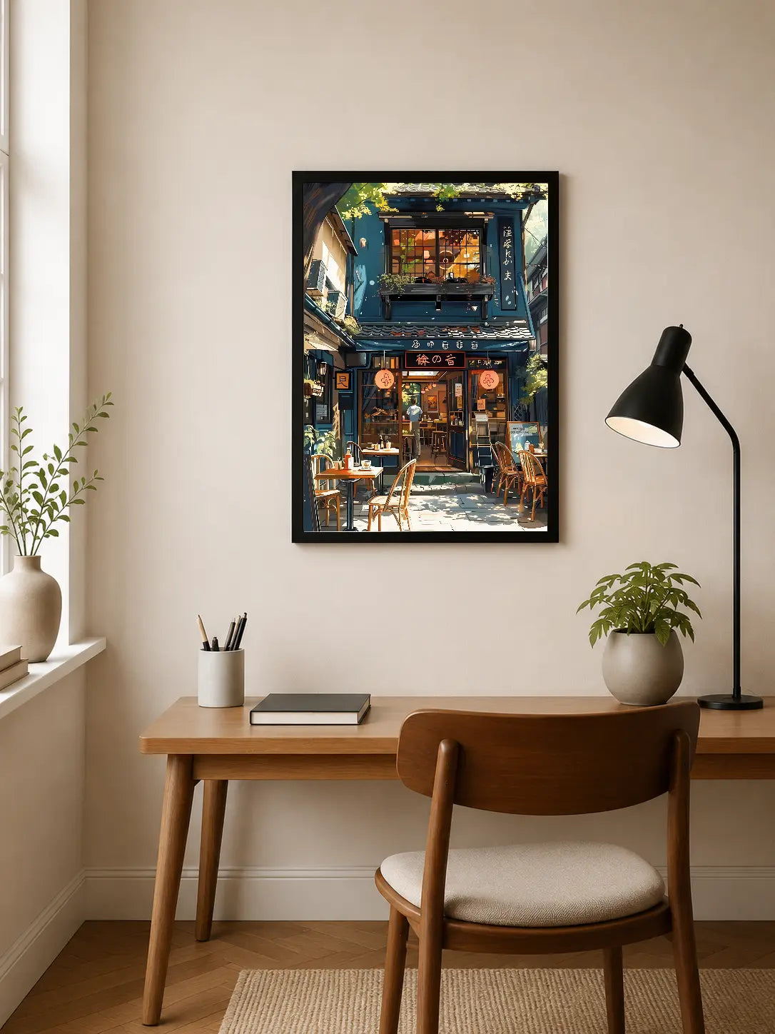 Portrait poster depicting a Japanese street scene with blue-walled café, warm interior lighting, wooden tables, and hanging lanterns