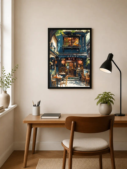 Portrait poster depicting a Japanese street scene with blue-walled café, warm interior lighting, wooden tables, and hanging lanterns