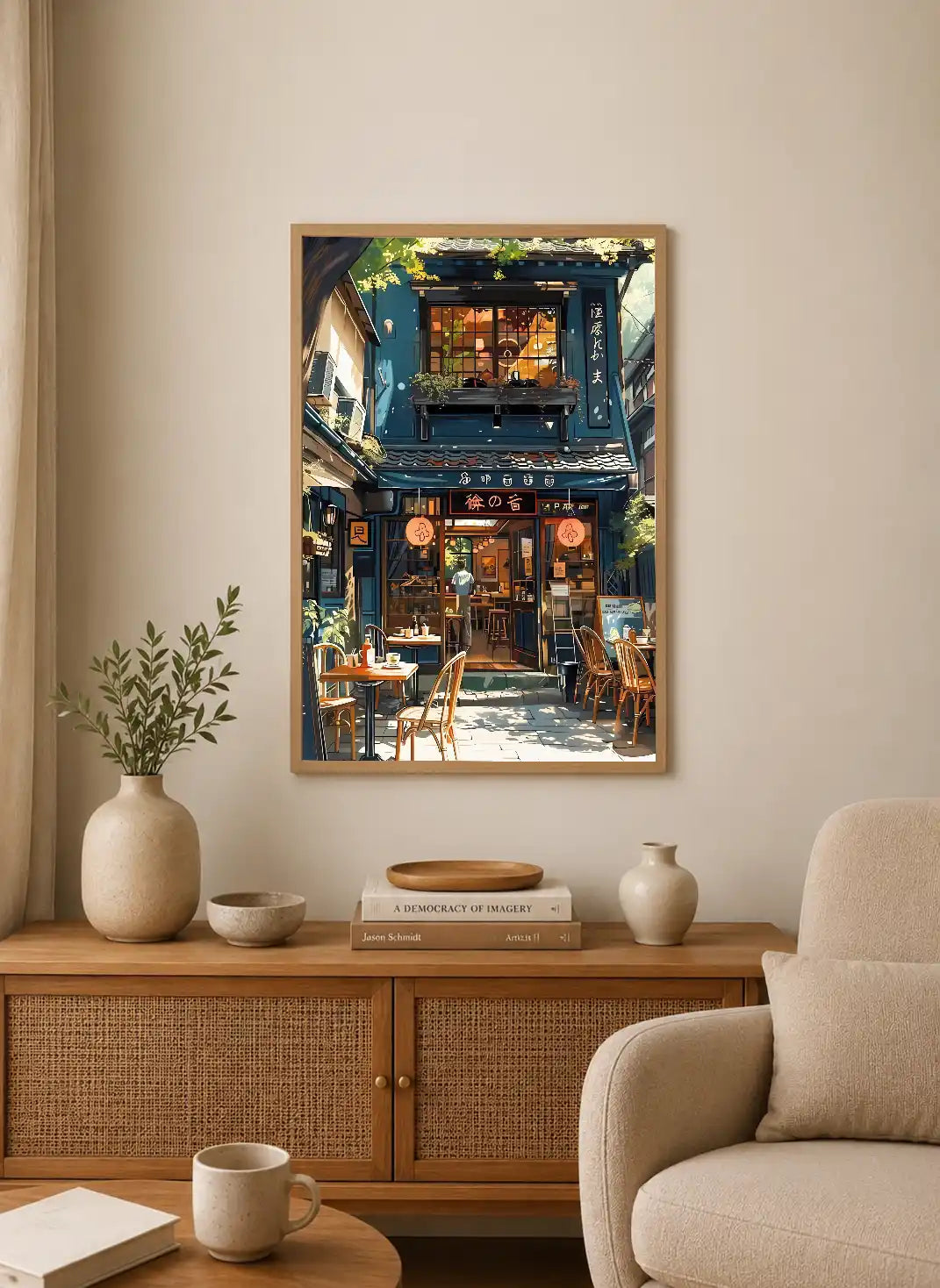Portrait print depicts a blue Japanese shopfront with warm interior lighting, wooden tables, and hanging lanterns