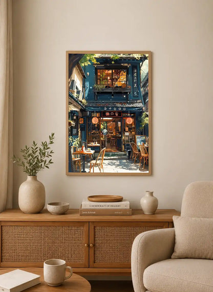 Portrait print depicts a blue Japanese shopfront with warm interior lighting, wooden tables, and hanging lanterns