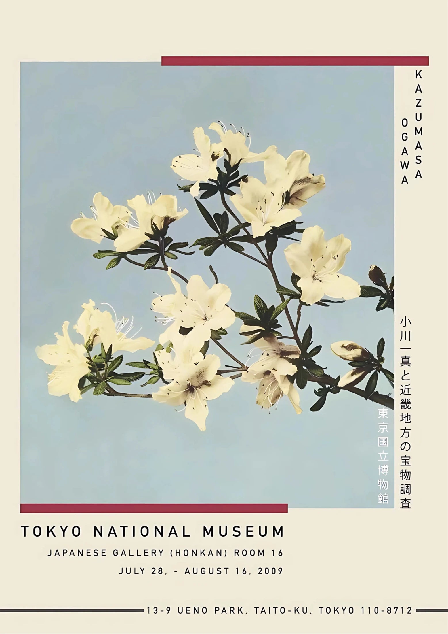 White azalea blossoms with dark centers on branches against a pale blue background, framed by vertical text blocks and horizontal red lines