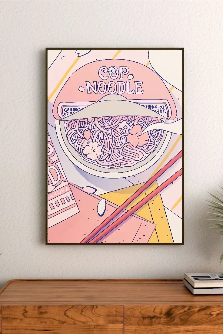 Portrait poster with pastel pink and yellow hues, depicting a cup noodle bowl adorned with cherry blossoms, chopsticks, and Japanese typography