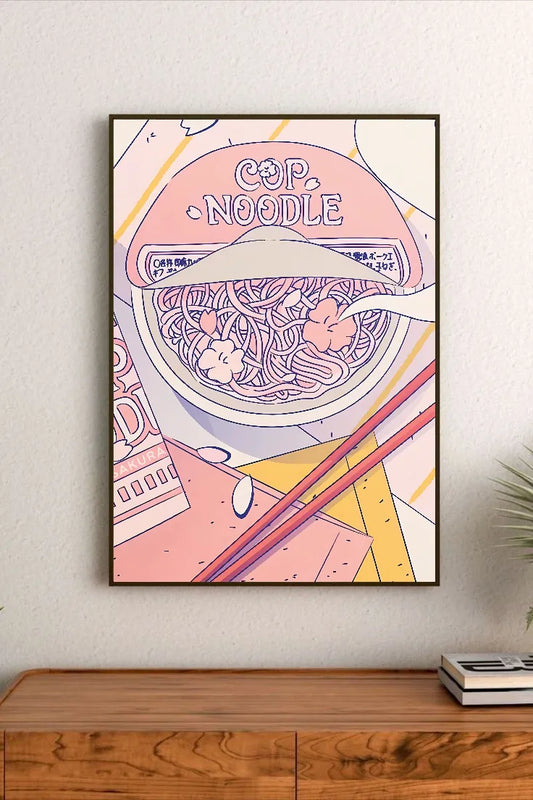 Portrait poster with pastel pink and yellow hues, depicting a cup noodle bowl adorned with cherry blossoms, chopsticks, and Japanese typography