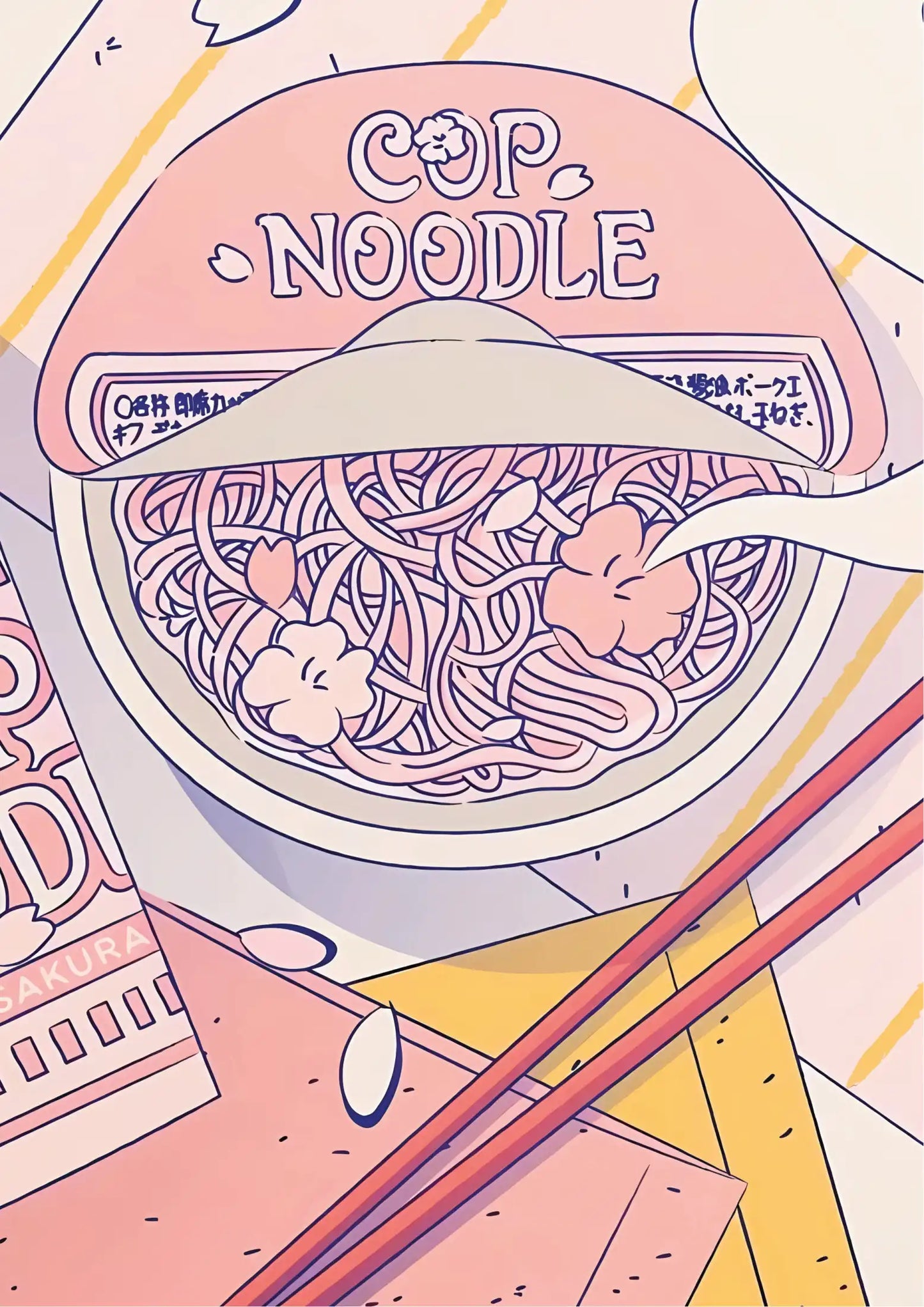 Pastel pink and peach noodle bowl with sakura flowers, "COP NOODLE" logo, chopsticks, soft linework illustration