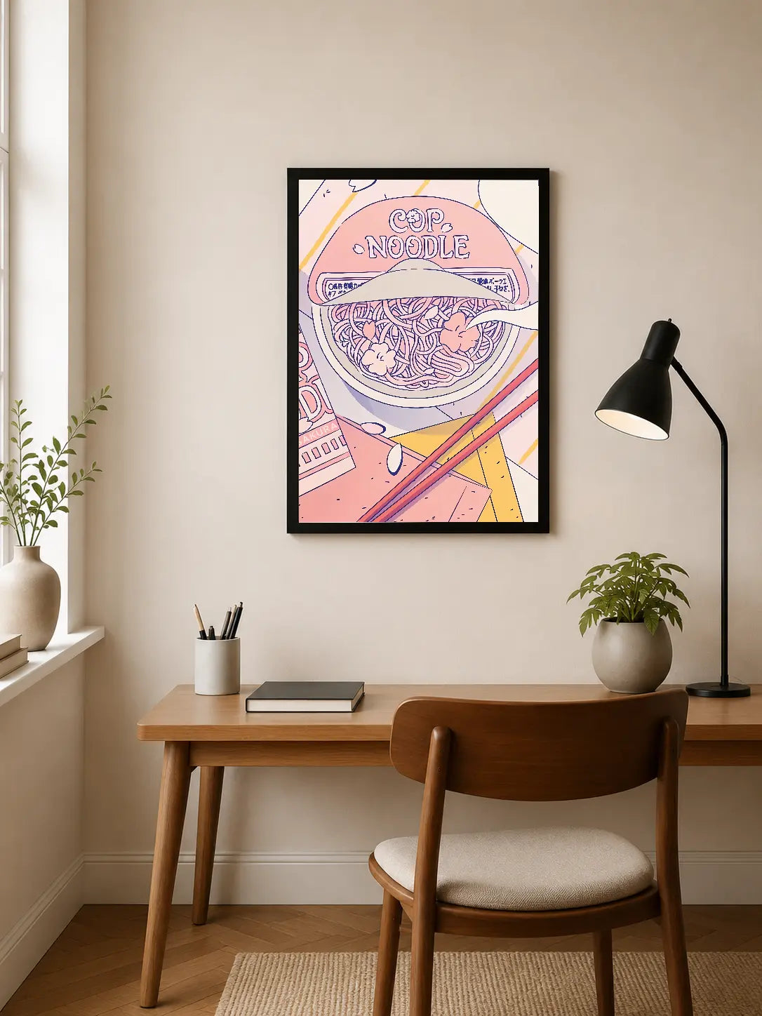 Pink and peach-toned illustration of a cup noodle with floral garnish, chopsticks, and stylized packaging elements in a cartoon style