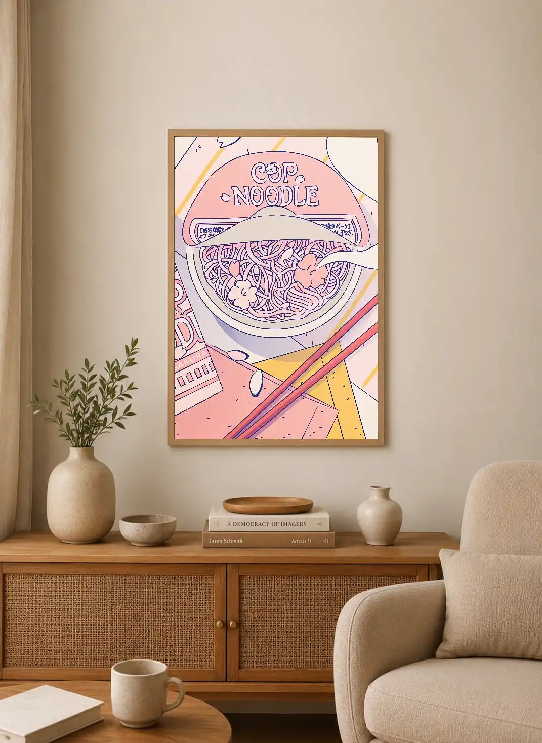 Portrait poster with stylized cup noodles and chopsticks in pastel pink, yellow, and purple hues; includes "CUP NOODLE" typography