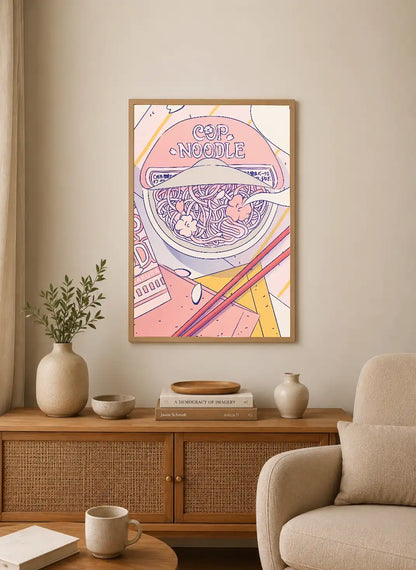 Portrait poster with stylized cup noodles and chopsticks in pastel pink, yellow, and purple hues; includes "CUP NOODLE" typography