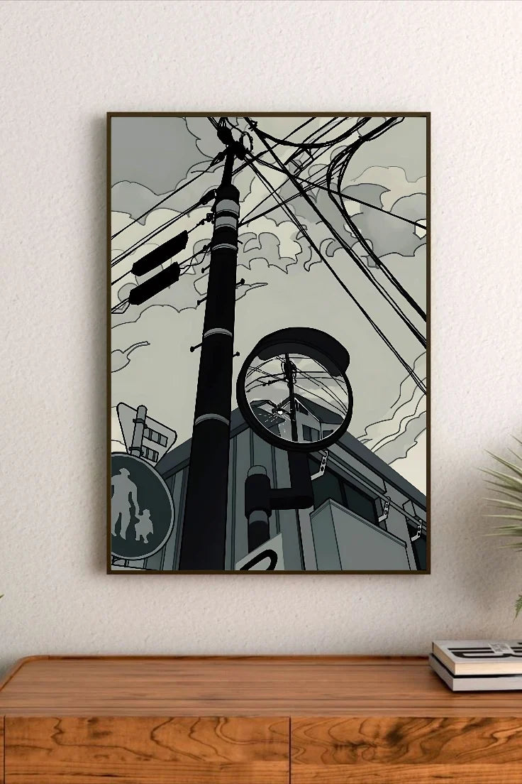 Portrait-style illustration featuring a telephone pole with crisscrossing wires, a traffic light, and a circular mirror reflecting the scene