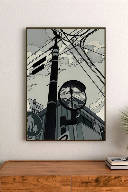 Portrait-style illustration featuring a telephone pole with crisscrossing wires, a traffic light, and a circular mirror reflecting the scene