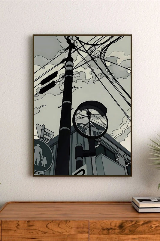 Portrait-style illustration featuring a telephone pole with crisscrossing wires, a traffic light, and a circular mirror reflecting the scene