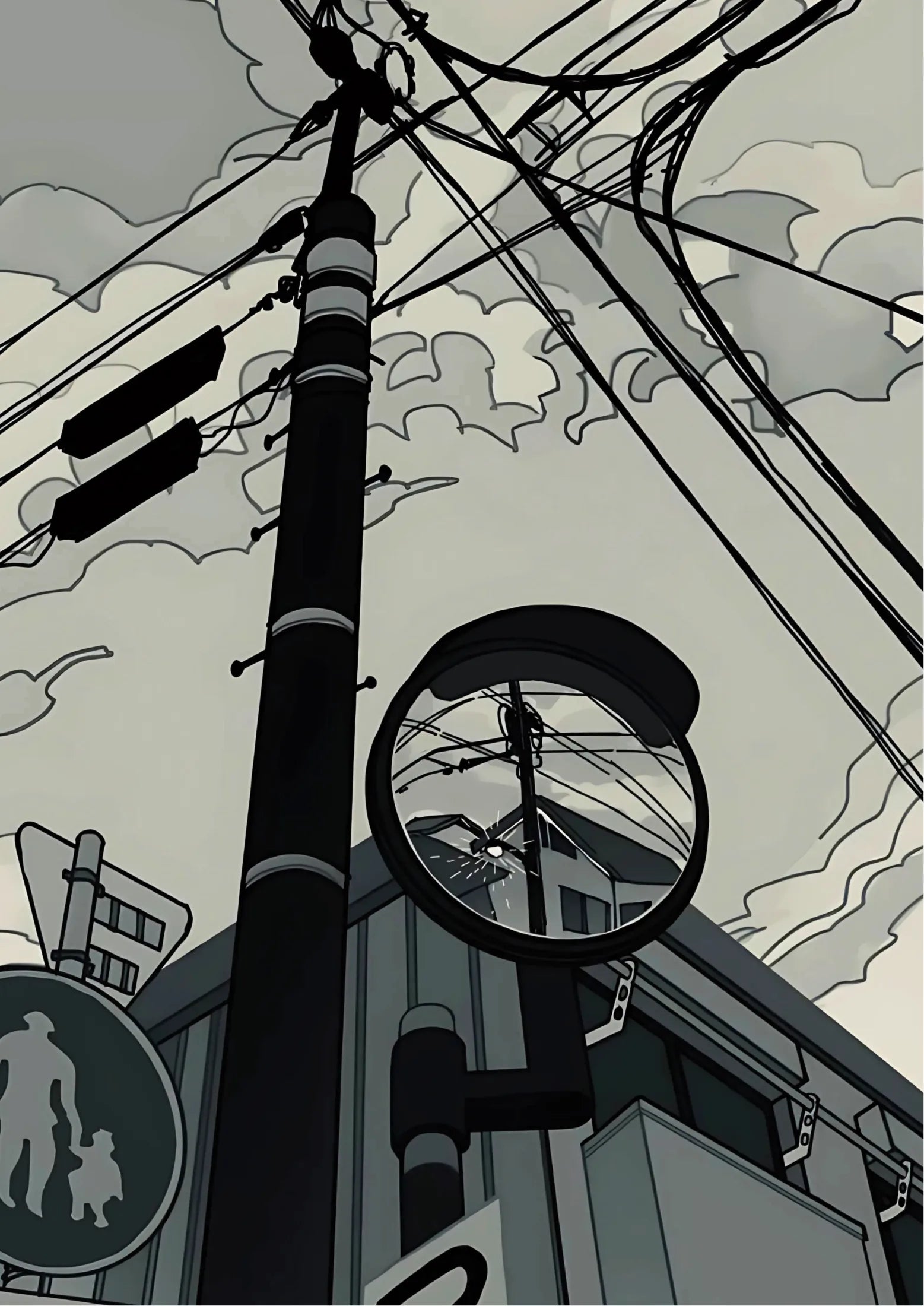 Monochrome illustration of a street pole with tangled wires and a convex mirror reflecting buildings above; stylized cloud sky background