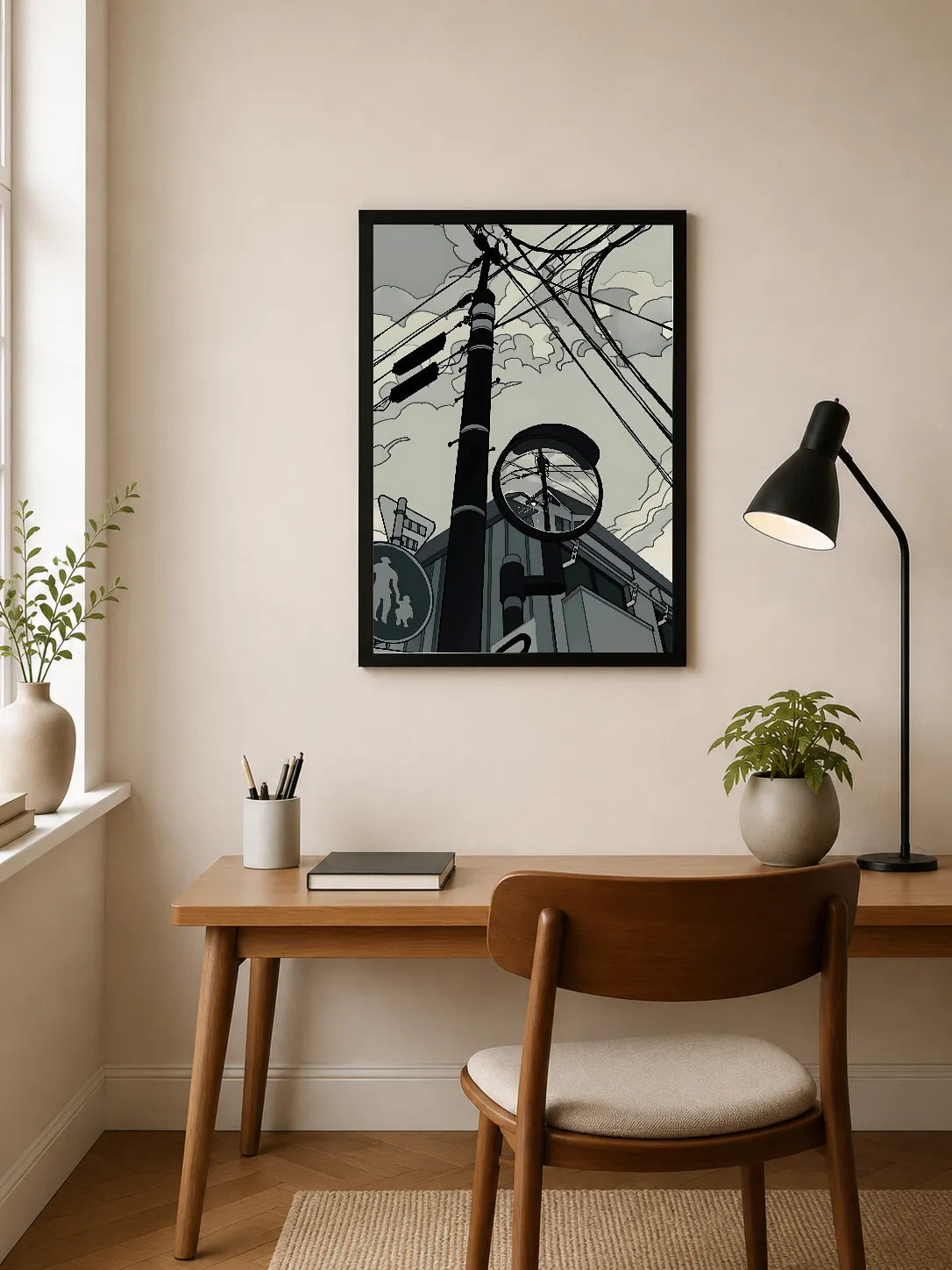 Portrait poster featuring stylized urban scene with telephone pole, tangled wires, circular traffic sign, and building silhouette in muted greys and