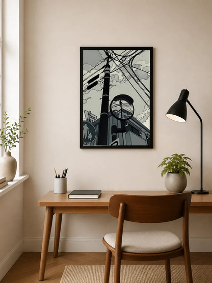 Portrait poster featuring stylized urban scene with telephone pole, tangled wires, circular traffic sign, and building silhouette in muted greys and