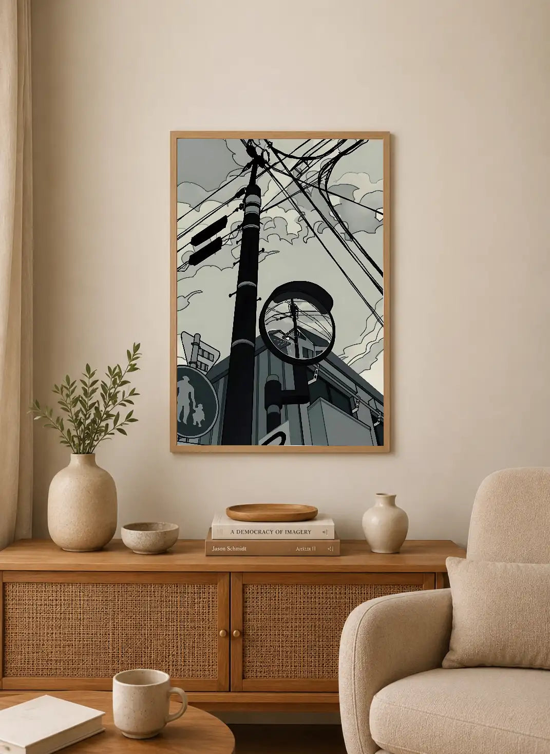 Portrait poster with stylized urban scene featuring tangled wires, a pole, and a circular mirror reflecting a street sign against muted gray-blue