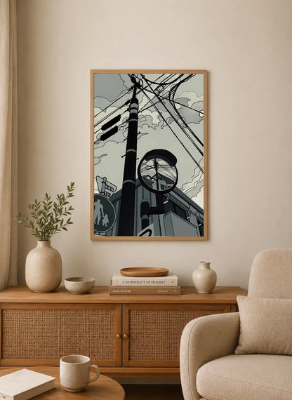 Portrait poster with stylized urban scene featuring tangled wires, a pole, and a circular mirror reflecting a street sign against muted gray-blue