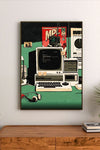 Portrait poster featuring vintage computer with CRT monitor and keyboard on green desk, surrounded by retro posters and headphones in cartoon style