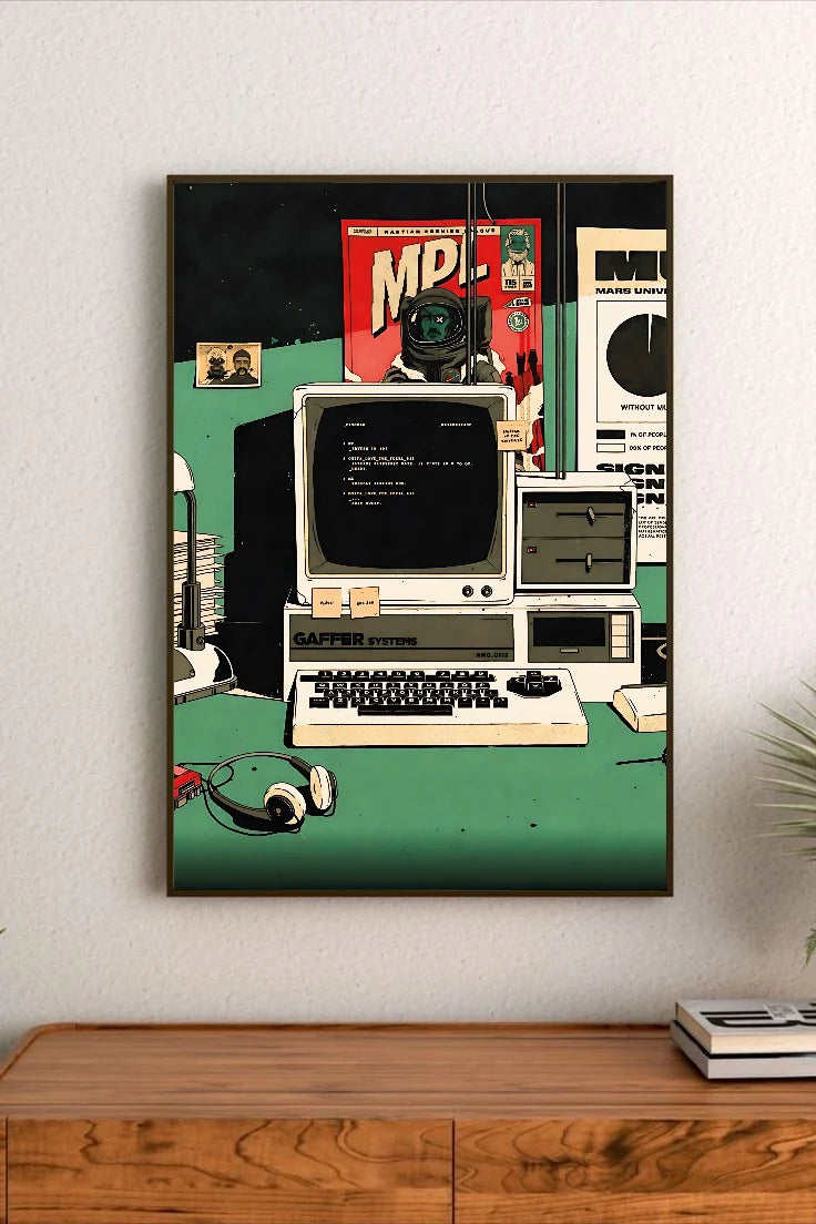Portrait poster featuring vintage computer with CRT monitor and keyboard on green desk, surrounded by retro posters and headphones in cartoon style