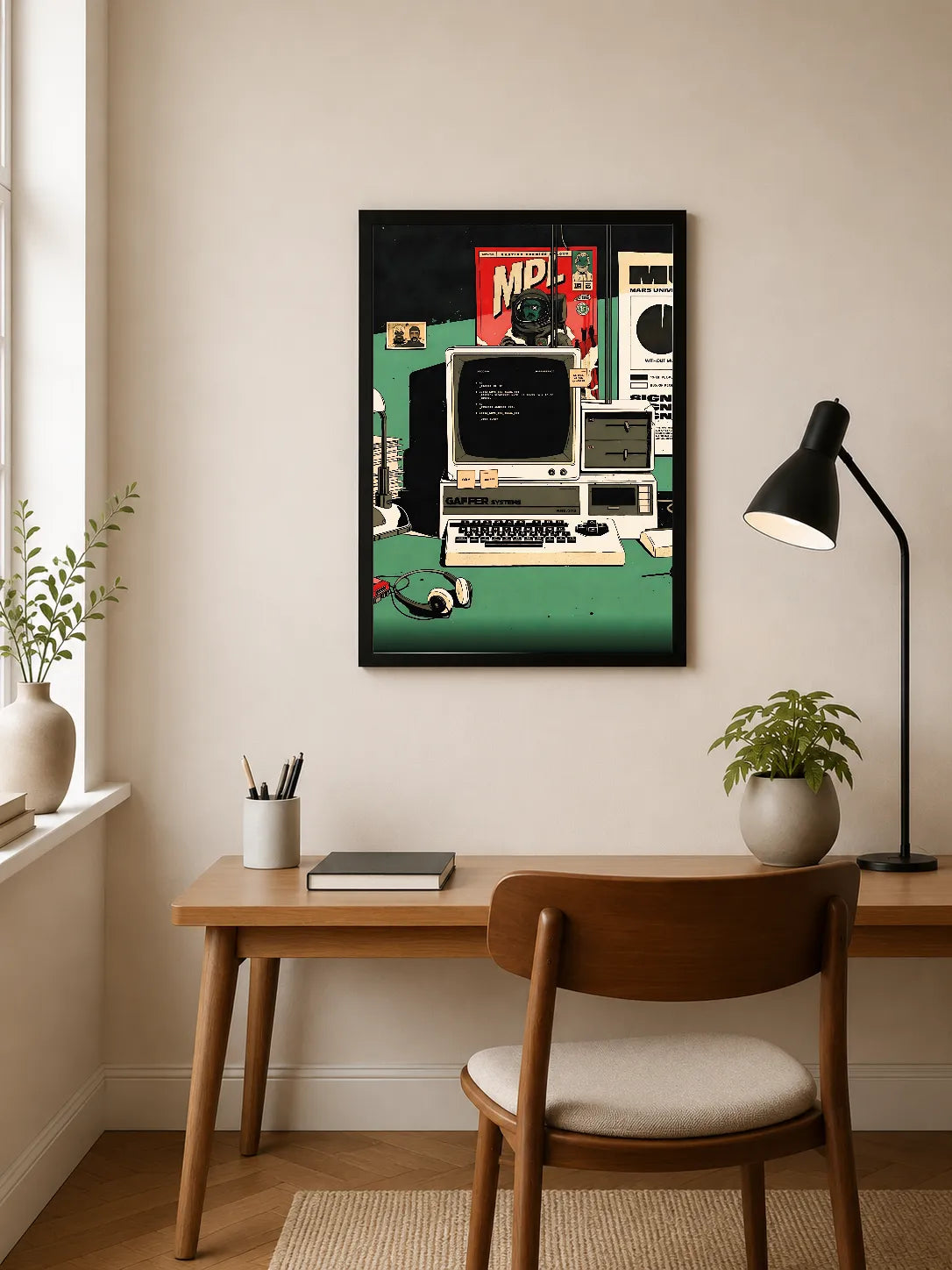 Portrait poster featuring retro computer setup with green desk, beige keyboard, CRT monitor displaying text, and bold red "MP" logo above
