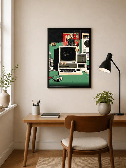 Portrait poster featuring retro computer setup with green desk, beige keyboard, CRT monitor displaying text, and bold red "MP" logo above