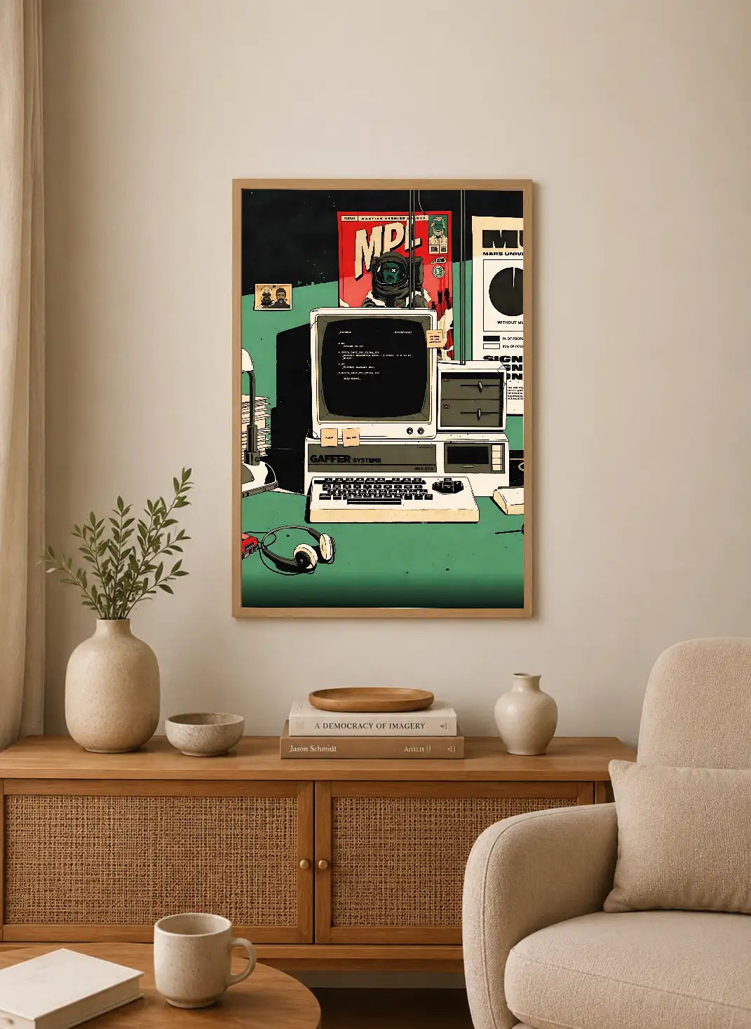 Portrait poster featuring retro computer setup with CRT monitor, keyboard, and headphones against a green desk backdrop, surrounded by vintage