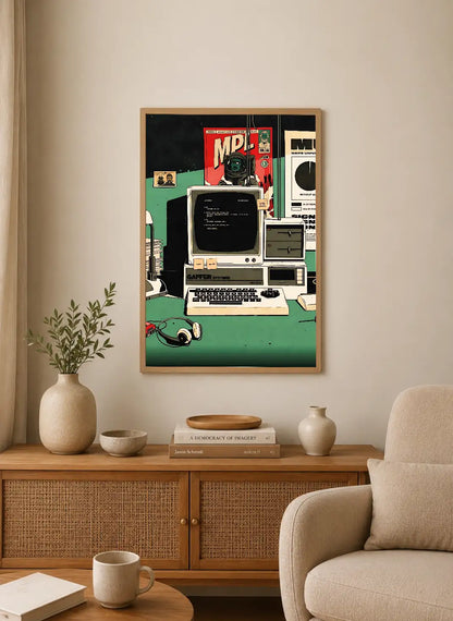 Portrait poster featuring retro computer setup with CRT monitor, keyboard, and headphones against a green desk backdrop, surrounded by vintage