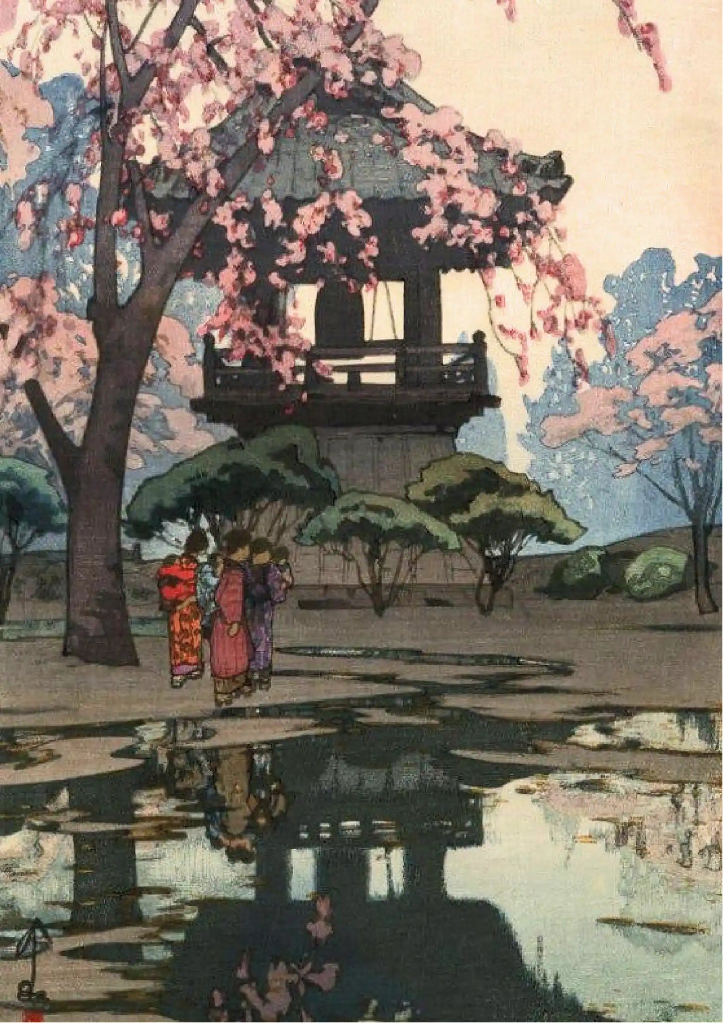 Cherry blossoms frame a traditional Japanese pavilion; three figures walk beneath, reflected in water below