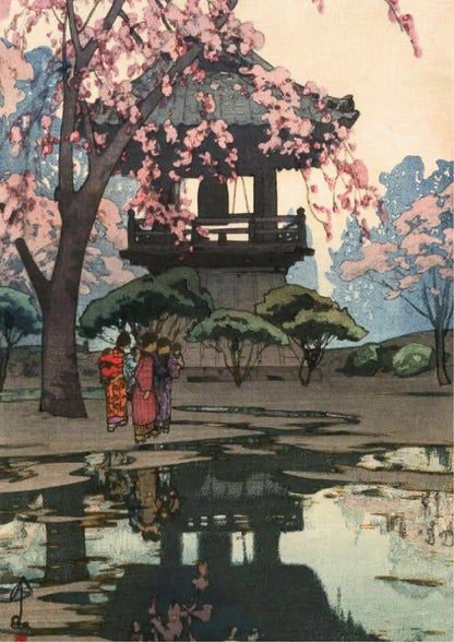 Cherry blossoms frame a traditional Japanese pavilion; three figures walk beneath, reflected in water below