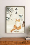 Portrait-style poster features a ginger cat with white chest, seated beneath snow-dusted pine branches and calligraphy reading "冬至" in black ink