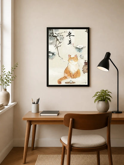 Portrait poster featuring a ginger cat sitting beneath snowy pine branches with calligraphy and a small tea set