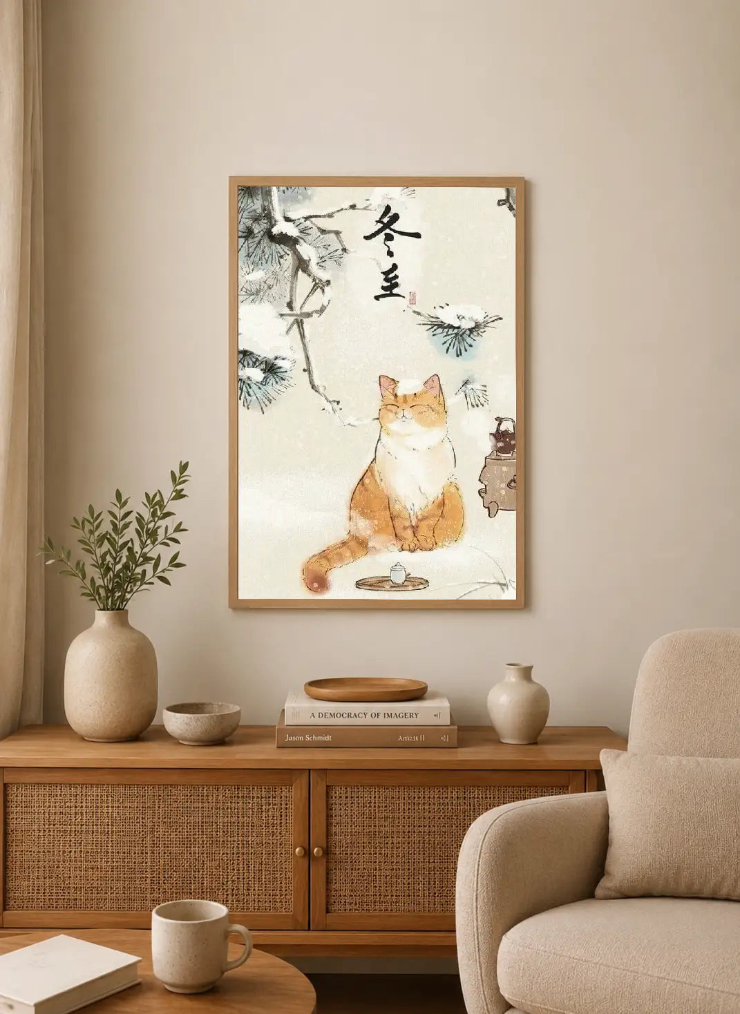 Portrait poster featuring a ginger cat seated beneath snowy pine branches, with calligraphy and a teacup on a tray