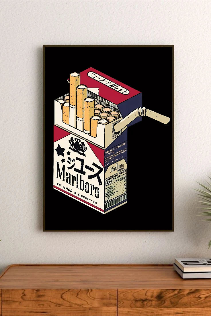 Portrait poster featuring a stylized Marlboro cigarette box with Japanese text and vintage design elements against a black background