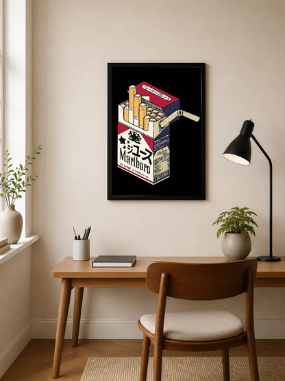Portrait poster featuring a stylized Marlboro cigarette pack with Japanese text, red, white, and blue colors, and cigarettes protruding from top