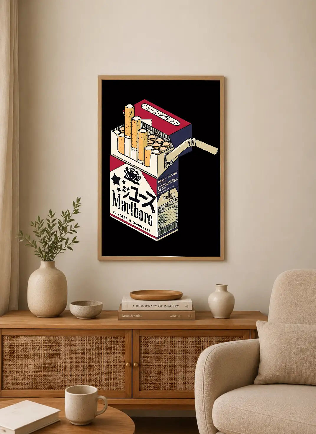 Portrait poster featuring a stylized Marlboro cigarette pack with Japanese characters, red and white branding, against a black background