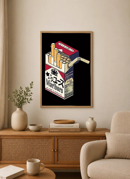 Portrait poster featuring a stylized Marlboro cigarette pack with Japanese characters, red and white branding, against a black background