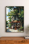 Portrait poster depicting a quaint Japanese-style coffee shop with lush green trees, warm-toned building, and shelves displaying jars and cups