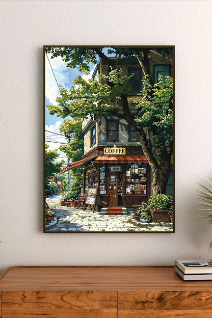 Portrait poster depicting a quaint Japanese-style coffee shop with lush green trees, warm-toned building, and shelves displaying jars and cups