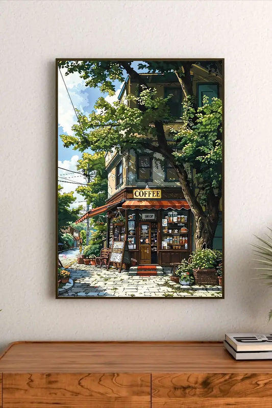 Portrait poster depicting a quaint Japanese-style coffee shop with lush green trees, warm-toned building, and shelves displaying jars and cups