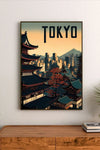 Portrait poster featuring Tokyo skyline with traditional Japanese temples and a tree in autumn colors, bold "TOKYO" typography