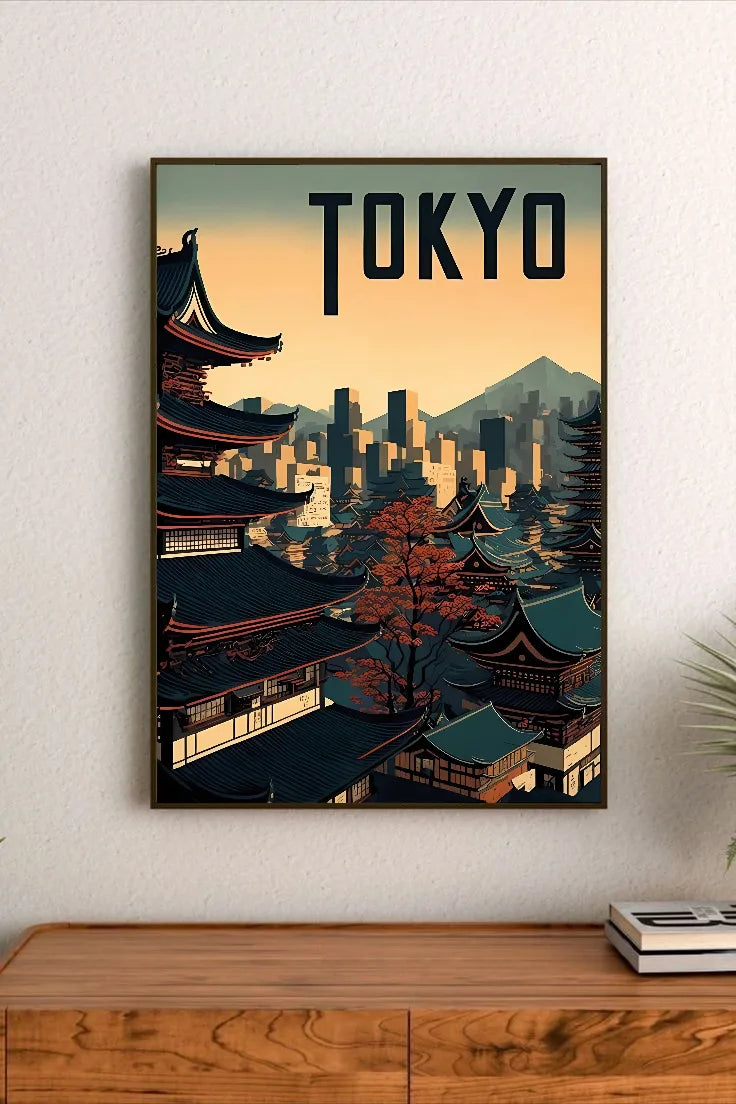 Portrait poster featuring Tokyo skyline with traditional Japanese temples and a tree in autumn colors, bold "TOKYO" typography