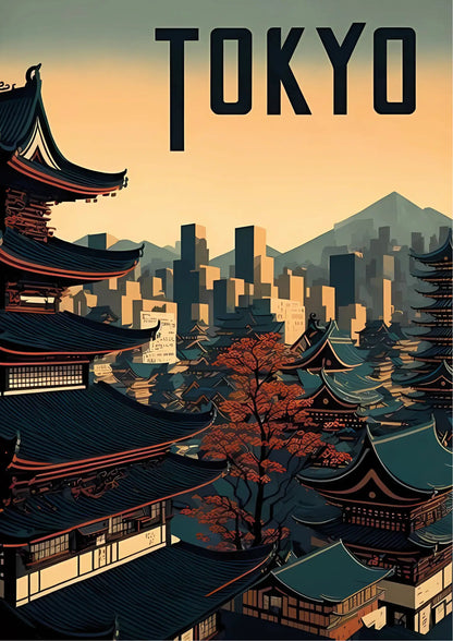 Tokyo poster in stylized illustration style featuring traditional Japanese pagoda roofs, autumn tree, cityscape silhouette, and bold typography