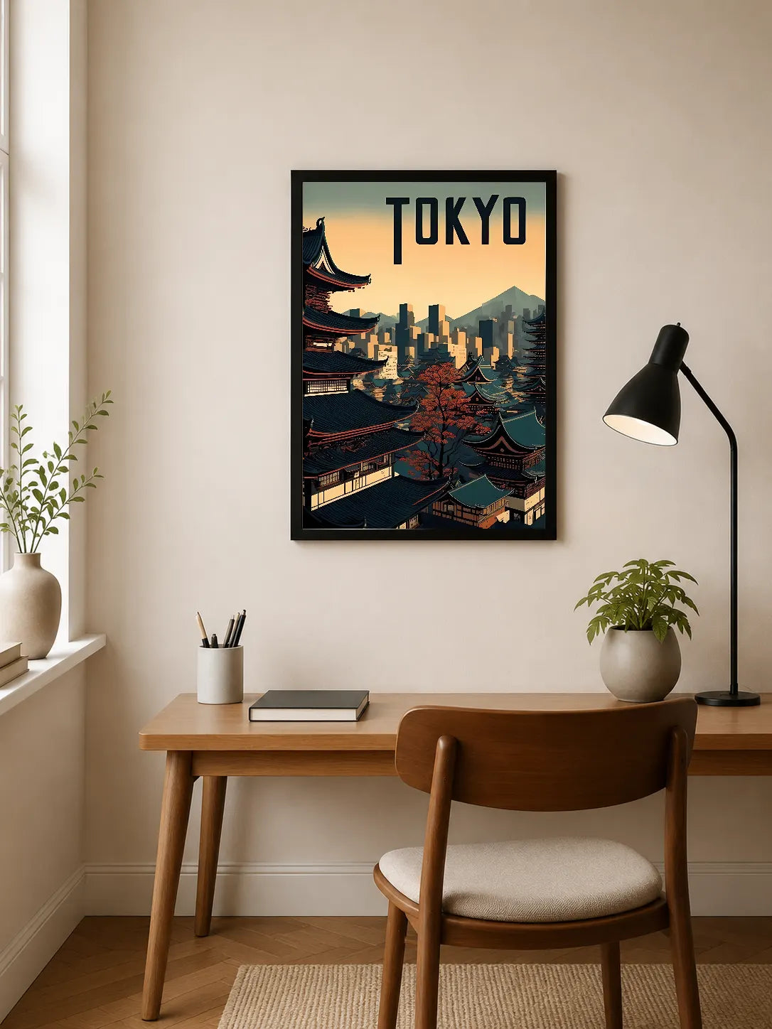 Portrait poster featuring Tokyo skyline with traditional Japanese pagodas and autumn trees against a warm gradient sky, bold "TOKYO" typography