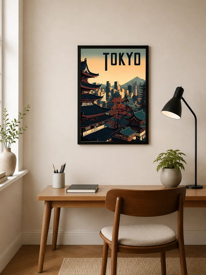 Portrait poster featuring Tokyo skyline with traditional Japanese pagodas and autumn trees against a warm gradient sky, bold "TOKYO" typography