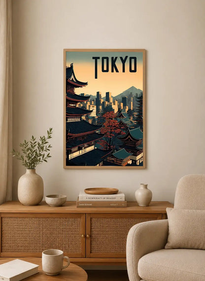 Portrait poster featuring Tokyo skyline with traditional Japanese temples and modern buildings under a warm sunset sky in stylized illustration