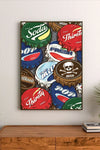 Colorful bottle caps in collage style: green, red, blue, brown with varied typography like "Soda," "Thirsty," "BEER" and skull logo. Portrait