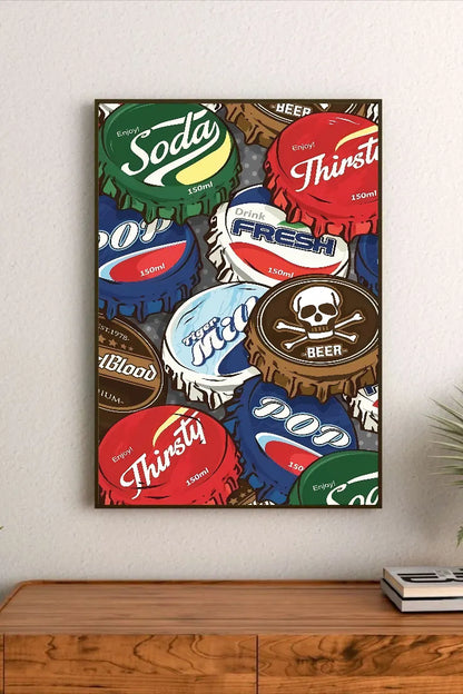 Colorful bottle caps in collage style: green, red, blue, brown with varied typography like "Soda," "Thirsty," "BEER" and skull logo. Portrait