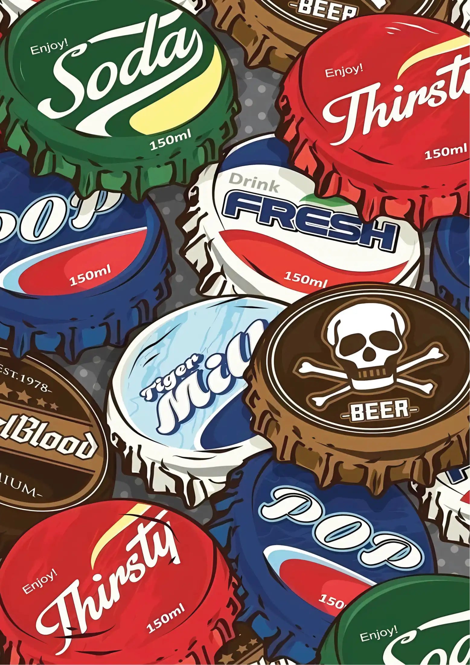Colorful bottle caps in green, red, blue, and brown, featuring brand logos like Soda, Thirsty, Tiger, Fresh, and Beer with skull design; flat