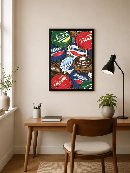 Colorful soda and beer caps in collage style, featuring varied designs, logos, and text like "Soda," "Thirsty," and "BEER" on vibrant backgrounds